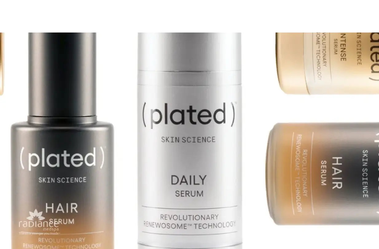Plated Skin Science hair serum and daily serum bottles with skin care
