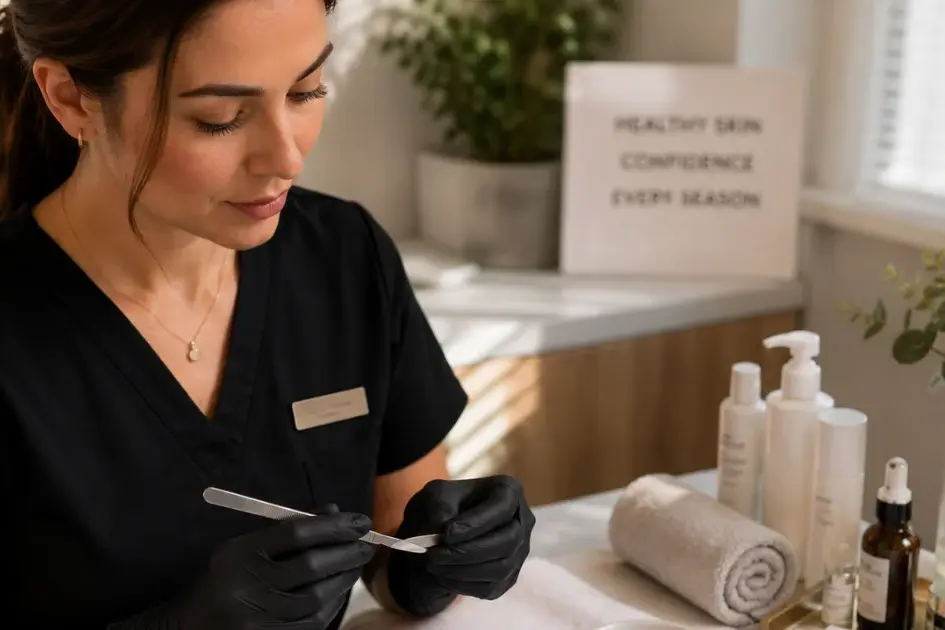 A skincare professional preparing dermaplaning tools in a medical spa treatment room before a summer skin exfoliation appointment.