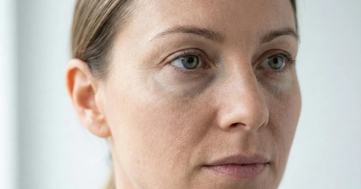 Woman with natural under-eye shadows and visible skin texture